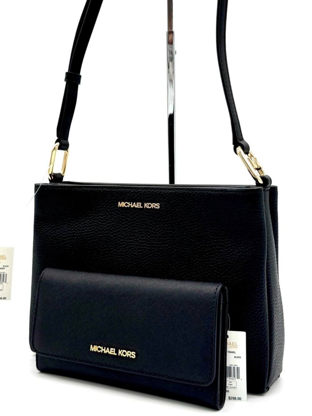 Michael Kors Trisha Medium Crossbody Bag w Matching Trifold Wallet Black/Gold